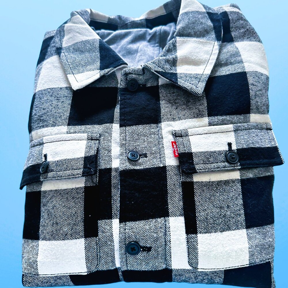 Levis Sherpa Lined Hooded Shirt Jacket-Black/White Plaid-Small-New with Tags